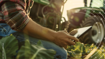 a farmer in a field with an IT device in his hand, a tractor in the background