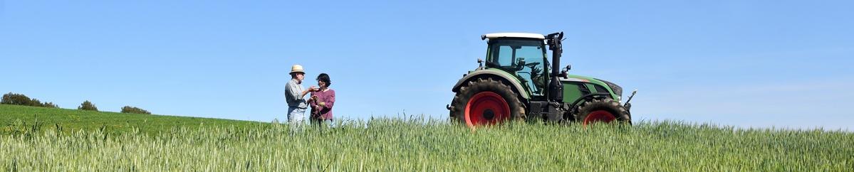 two persons and one tractor in a green field