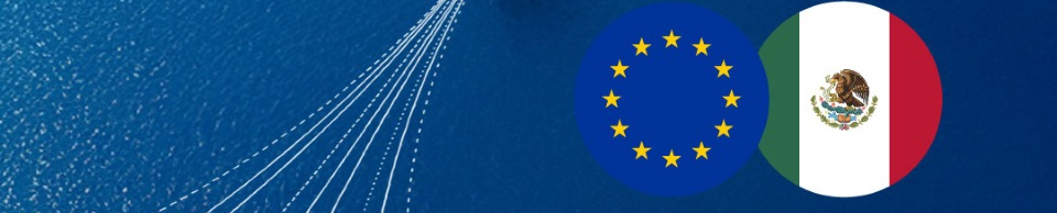 EU and Mexico flags in round shape on a blue background