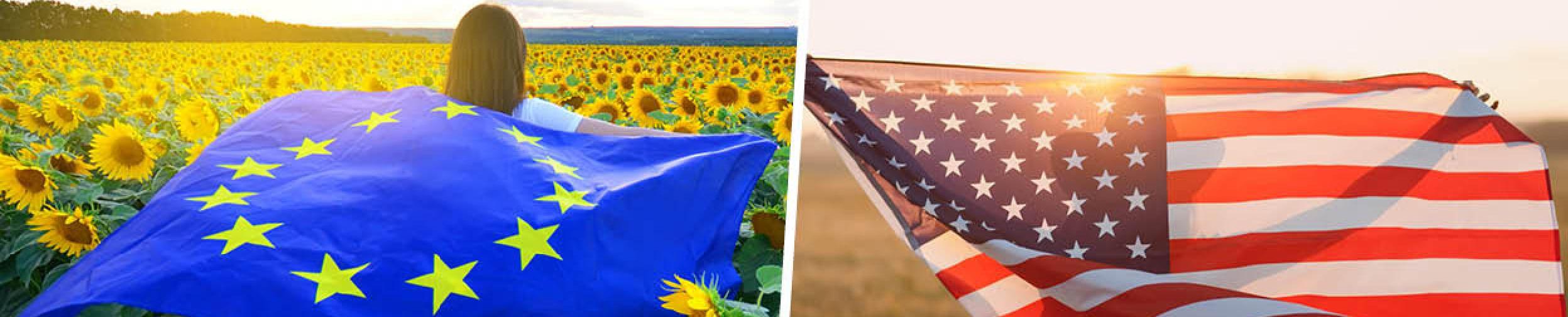 EU and USA flags on a field backgraound