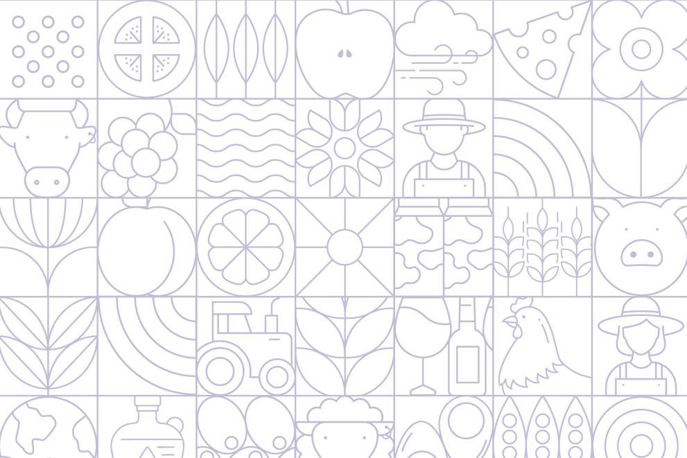 Minimalist illustration made up of a grid of square tiles. Each square contains a simple line drawing related to farming, food, or nature. The drawings are all outlined in a very light lavender-gray on a white background.