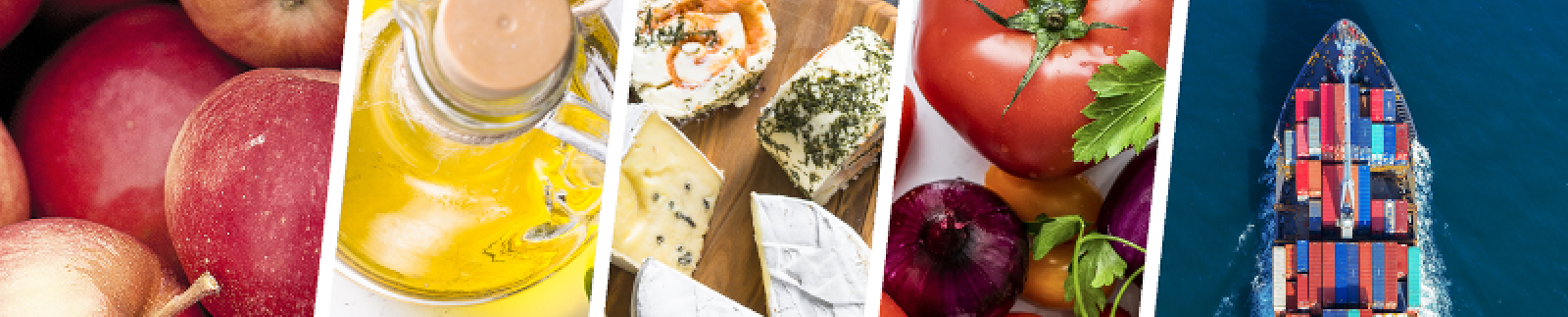 patchwork of images of food and boat depicting agri-food trade