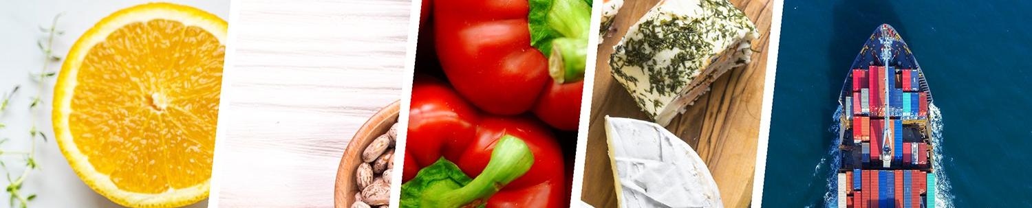 patchowrok of vertical images of agri-food products and a boat, depicting agri-food trade