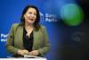 MEP Carmen Crespo Díaz speaking on the podium in the press room of the European Parliament in Strasbourg